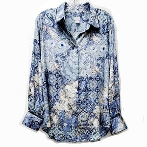 Chico's Blue Tapestry Print Satin Silky Long Sleeves Blouse Size 1 8-10